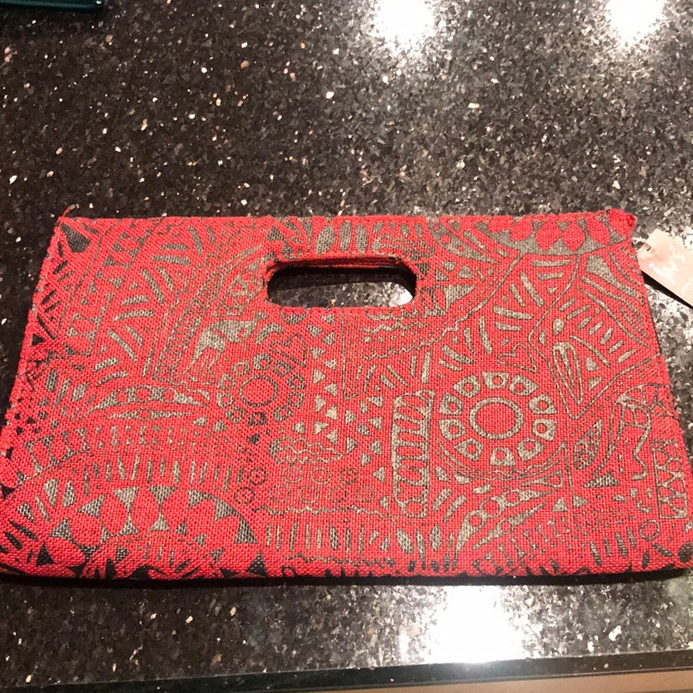 Red and black printed clutch